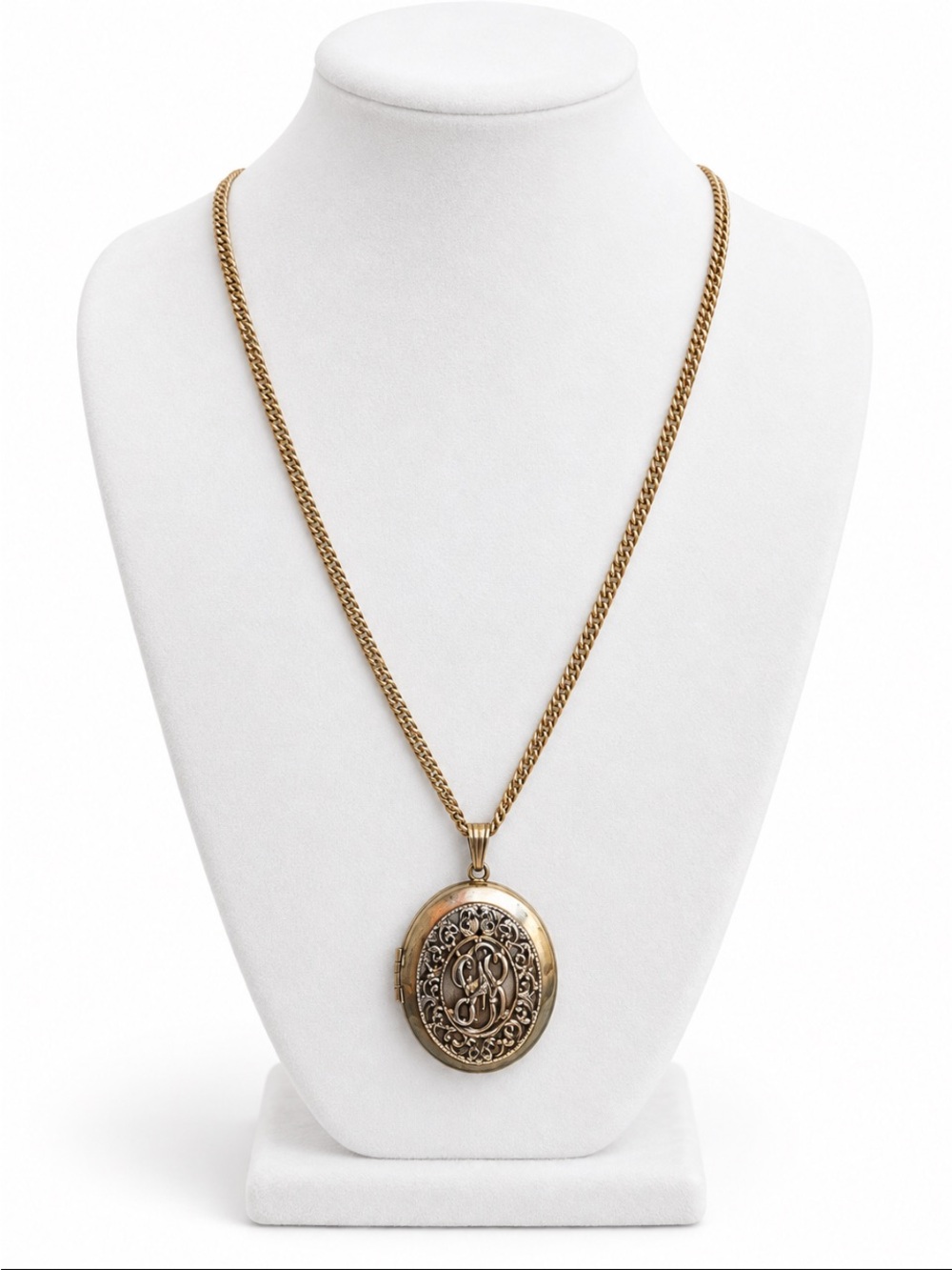 Gold-Tone Oval Scrollwork Locket Pendant Long Chain Necklace